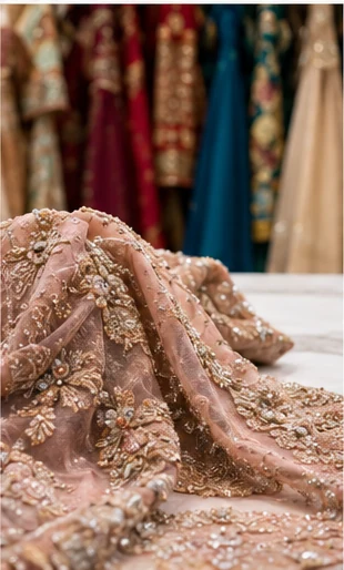Embellished South Asian formal garment prepared for specialty cleaning