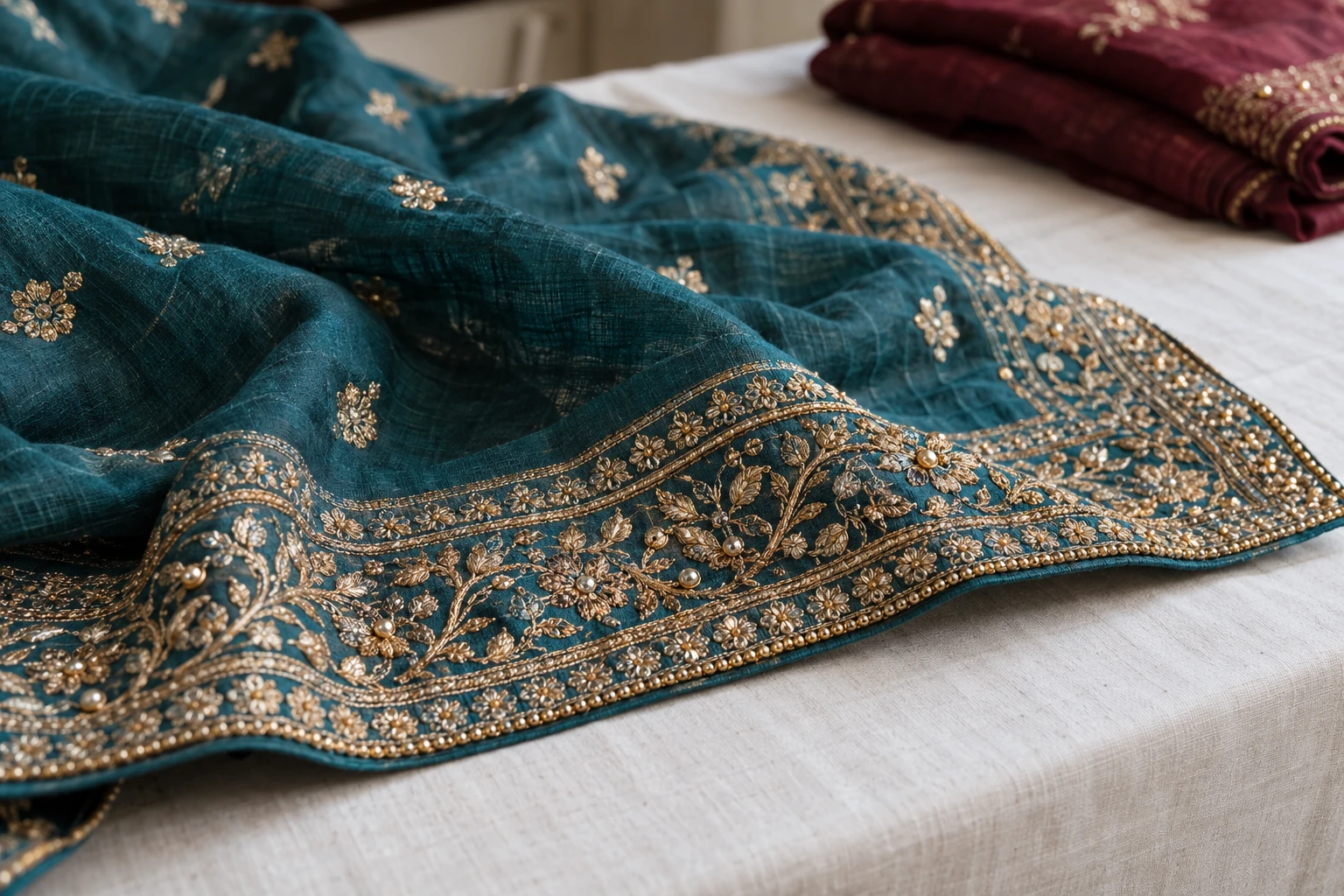 Gold embroidery and beading on deep teal fabric