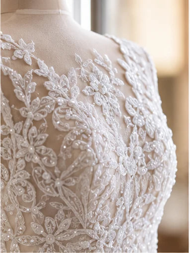 Detailed bridal lace and beadwork on a wedding gown