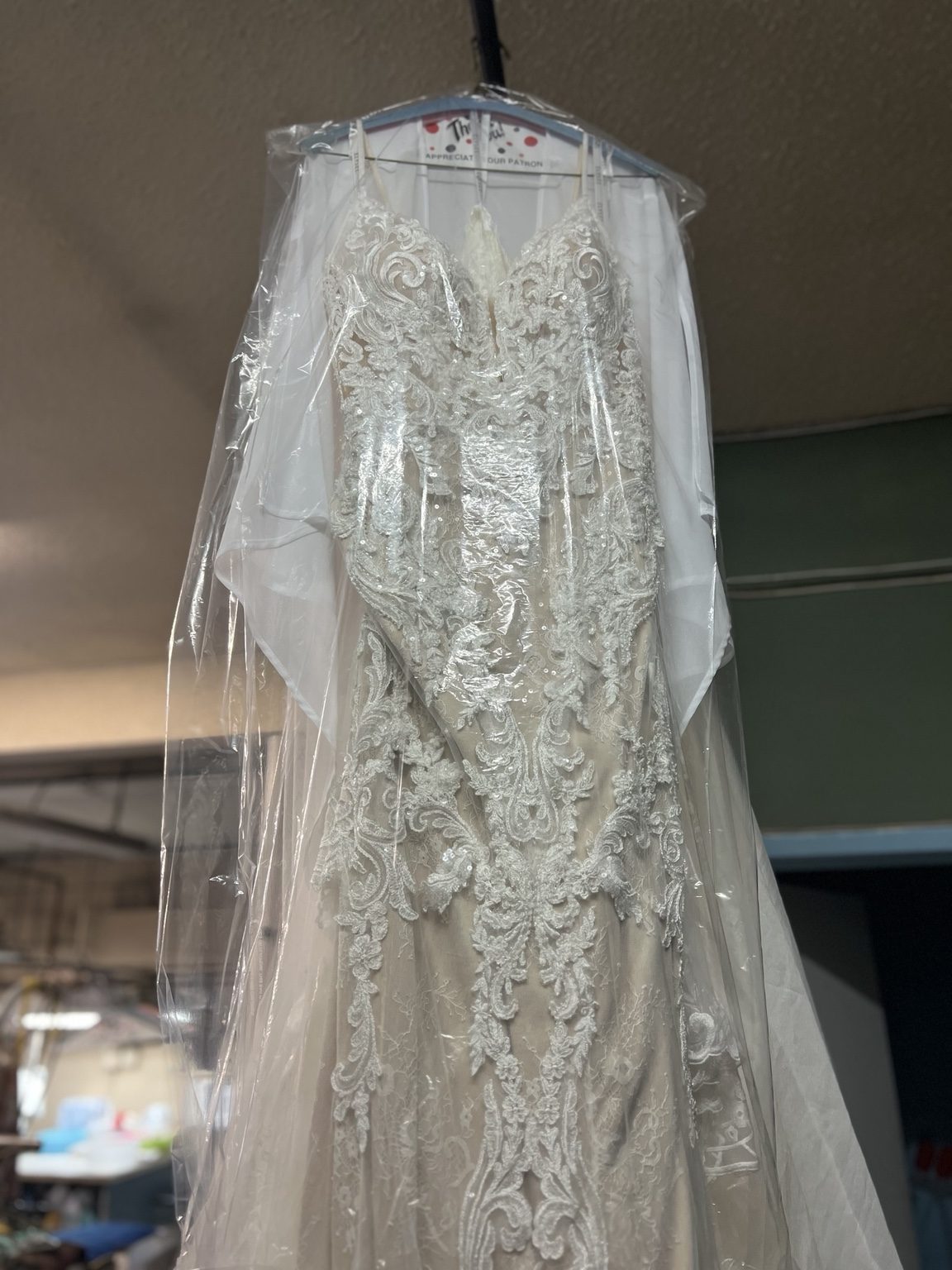 Detailed lace wedding gown after cleaning at Royal Oak Drycleaners